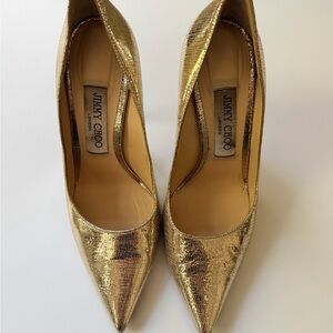 Jimmy Choo Gold Metallic Pointed Toe Pumps Size 37 Stiletto Heels Made In Italy